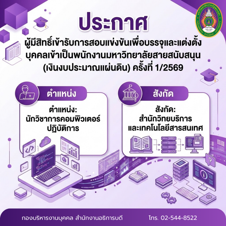 ประกาศ ผู้มีสิทธิ์เข้ารับการสอบแข่งขันเพื่อบรรจุและแต่งตั้งบุคคลเข้าเป็นพนักงานมหาวิทยาลัยสายสนับสนุน (เงินงบประมาณแผ่นดิน) ครั้งที่ 1/2569