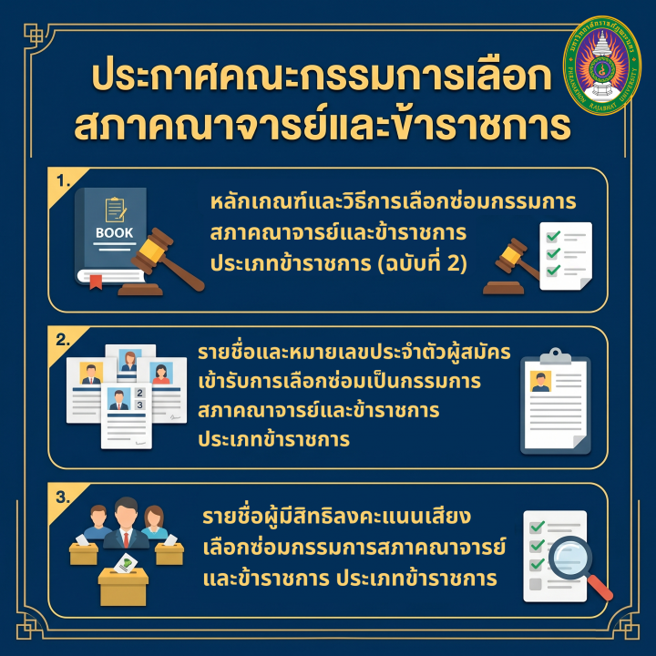 ประกาศ หลักเกณฑ์และวิธีการ/รายชื่อและหมายเลขประจำตัวผู้สมัคร/รายชื่อผู้มีสิทธิลงคะแนนเสียงเลือกซ่อมกรรมการสภาคณาจารย์และข้าราชการ ประเภทข้าราชการ