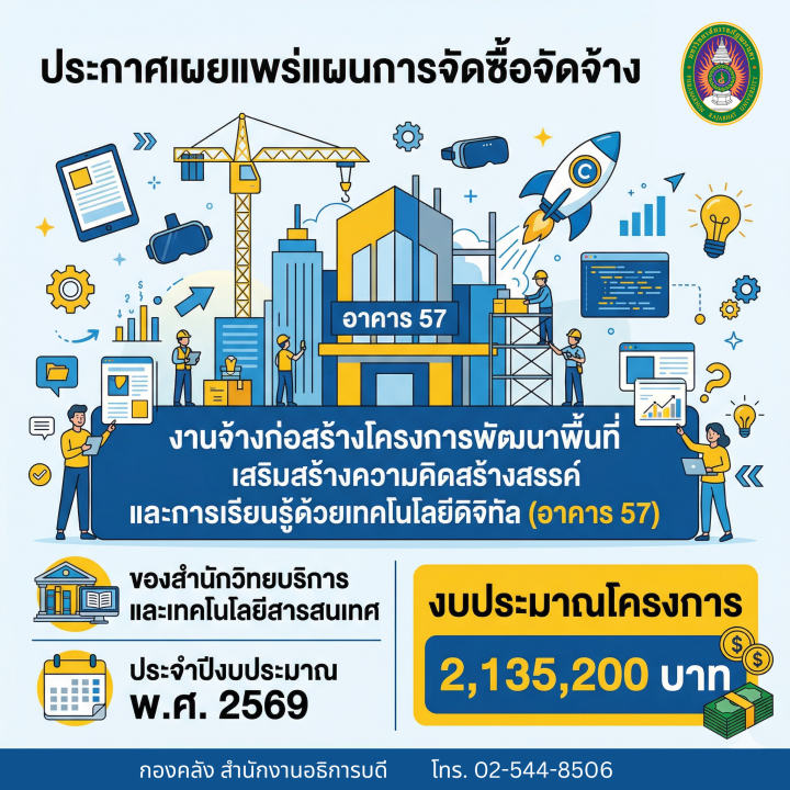 ประกาศเผยแพร่แผนการจัดซื้อจัดจ้าง งานจ้างก่อสร้างโครงการพัฒนาพื้นที่เสริมสร้างความคิดสร้างสรรค์และการเรียนรู้ด้วยเทคโนโลยีดิจิทัล (อาคาร 57) ของสำนักวิทยบริการและเทคโนโลยีสารสนเทศ ประจำปีงบประมาณ พ.ศ. 2569