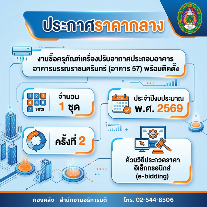 ประกาศราคากลาง งานซื้อครุภัณฑ์เครื่องปรับอากาศประกอบอาคาร อาคารบรรณราชนครินทร์ (อาคาร 57) พร้อมติดตั้ง จำนวน 1 ชุด ประจำปีงบประมาณ พ.ศ. 2569 ครั้งที่ 2 ด้วยวิธีประกวดราคาอิเล็กทรอนิกส์ (e-bidding)