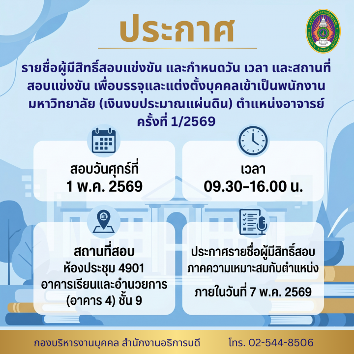 ประกาศ รายชื่อผู้มีสิทธิ์สอบแข่งขัน และกำหนดวัน เวลา และสถานที่สอบแข่งขัน เพื่อบรรจุและแต่งตั้งบุคคลเข้าเป็นพนักงานมหาวิทยาลัย (เงินงบประมาณแผ่นดิน) ตำแหน่งอาจารย์ ครั้งที่ 1/2569