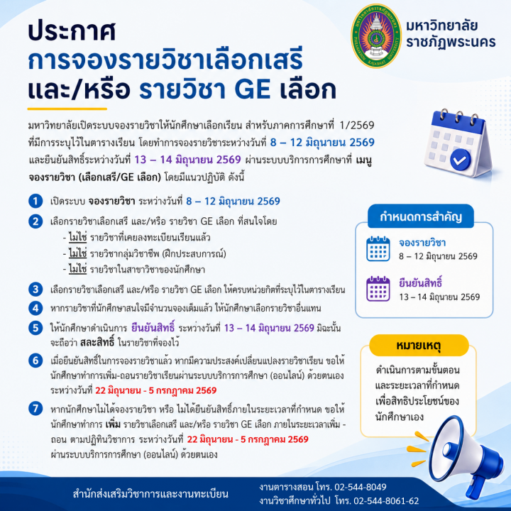 ประกาศการจองรายวิชาเลือกเสรี และ/หรือรายวิชา GE เลือก ประจำภาคการศึกษาที่ 1/2569